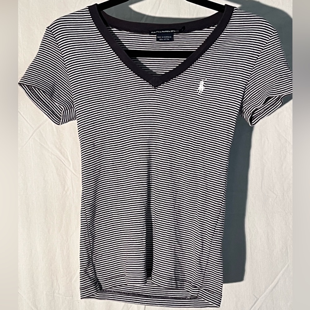 Ralph Lauren Sport Size S V-neck T-shirt small navy and white stripe.